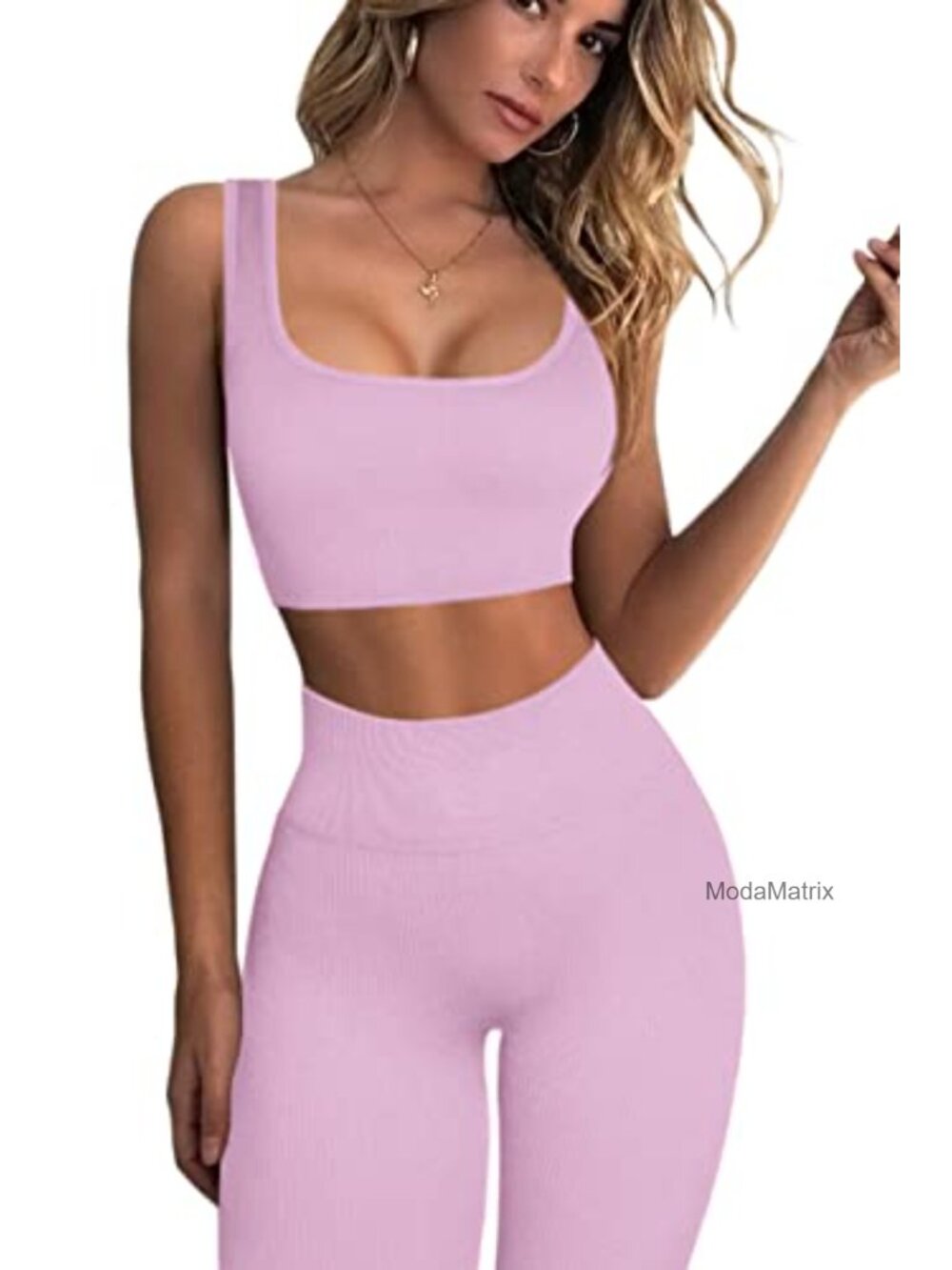 Ribbed Seamless 2 Piece Workout Set Square Neck Crop Tank High Waist Yoga